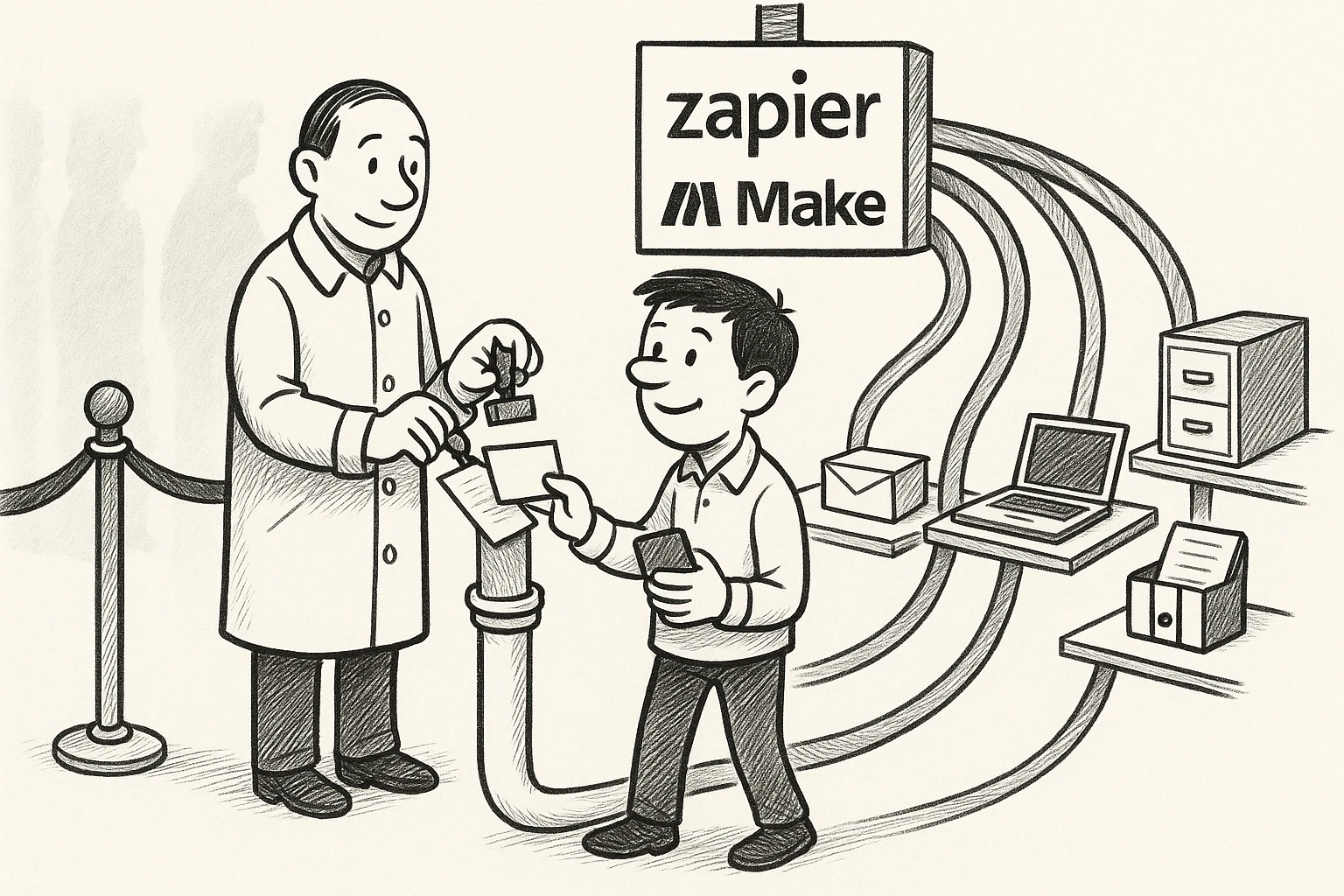 Zapier and Make: One yes at the rope, routed by tube to every desk you work at.