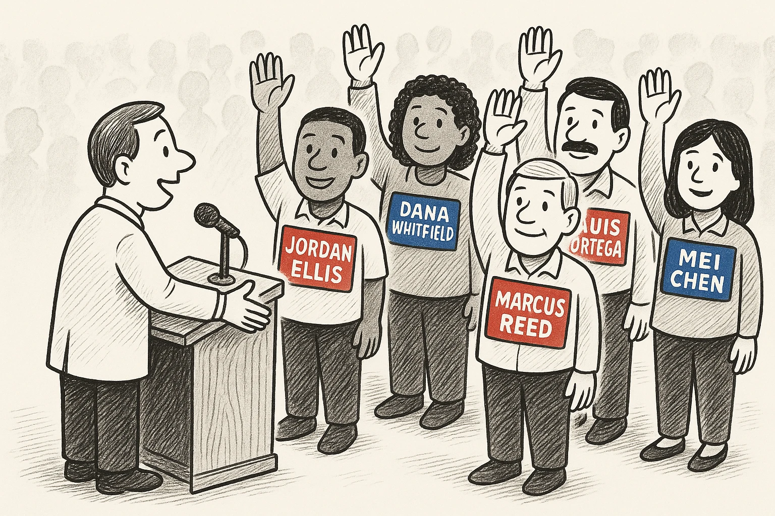 Cartoon of a candidate at a podium reaching toward a crowd; most people are blank ovals, but one in ten has a hand raised, a drawn face, and a name sticker.