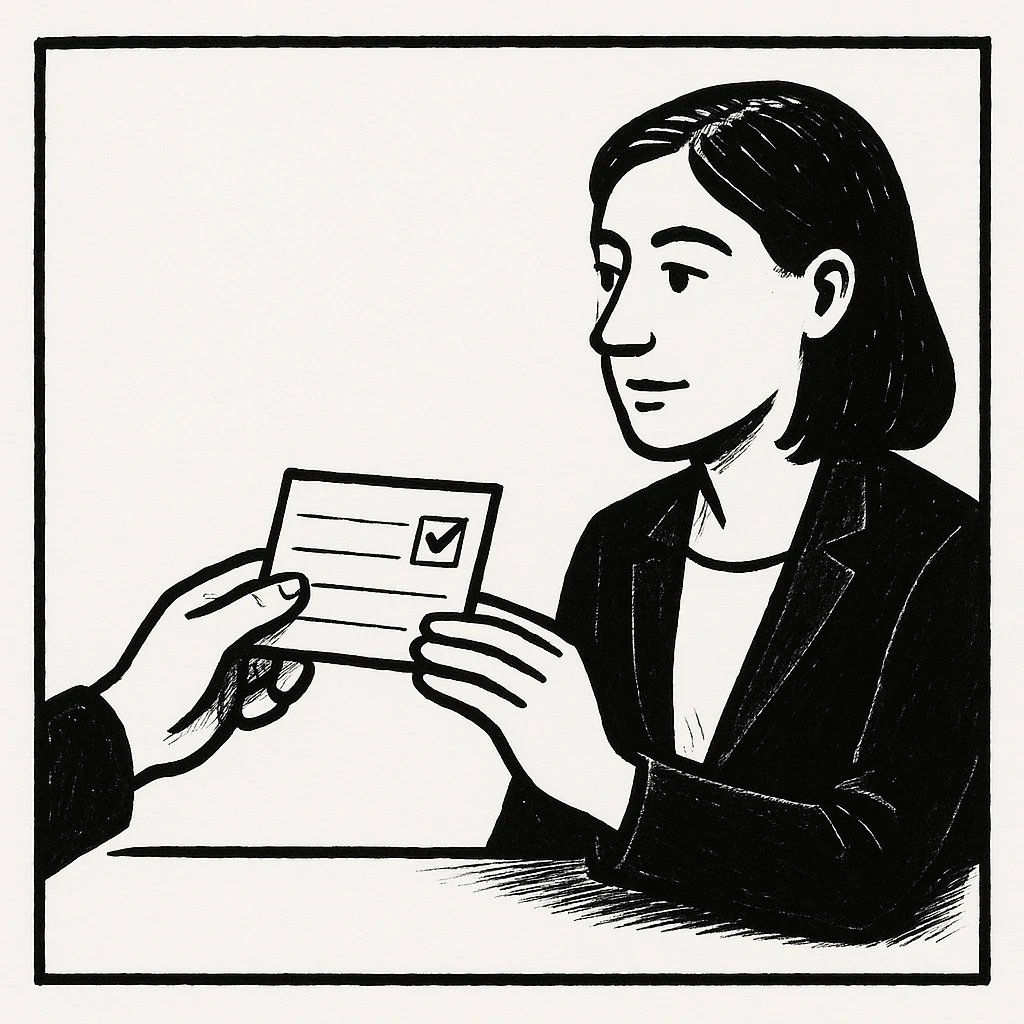 Cartoon of a card being handed over with four blank ruled lines and an approval stamp.