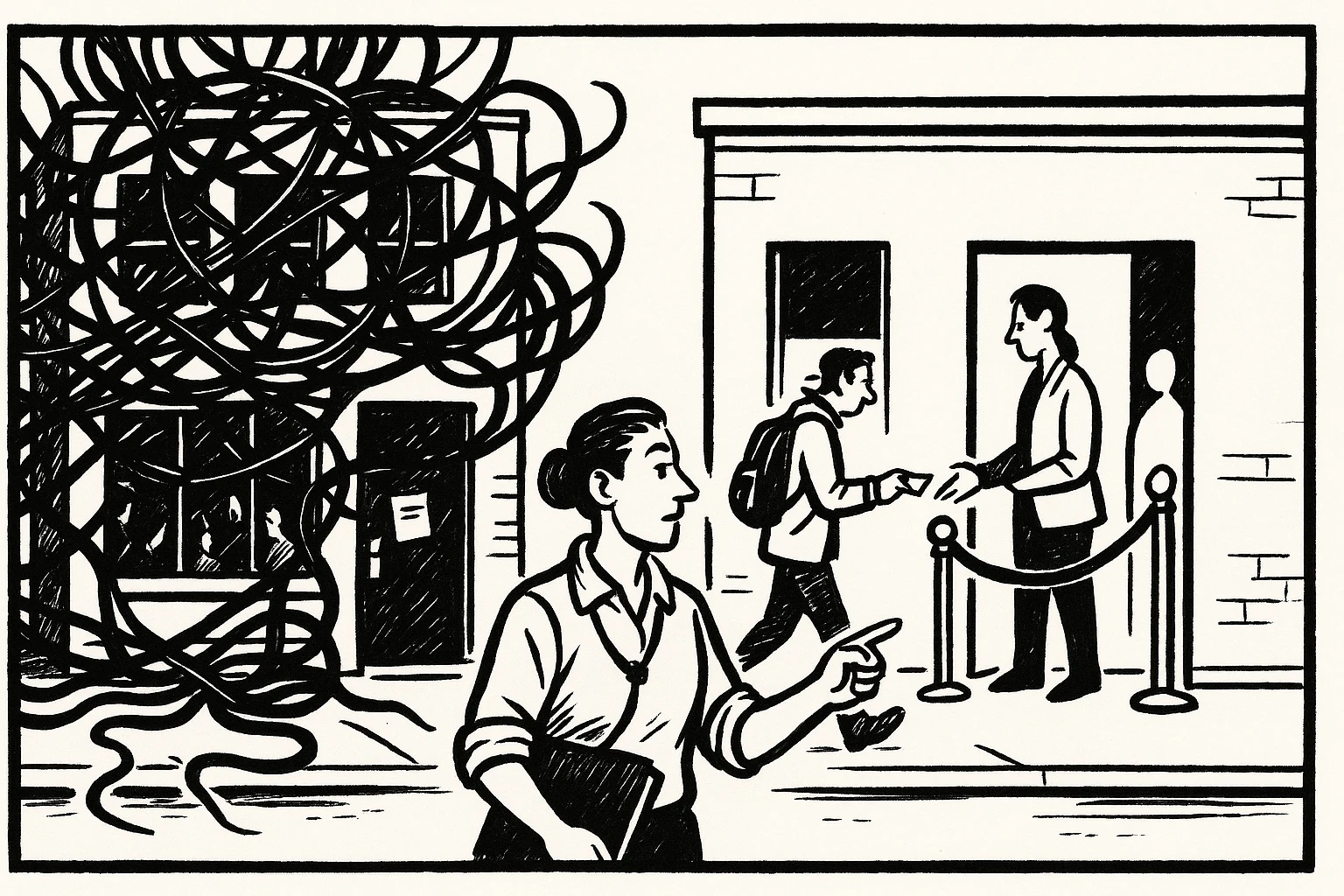 Cartoon contrasting a building leaking tracking cables as a process server arrives with a building where a visitor lifts a velvet rope to enter.