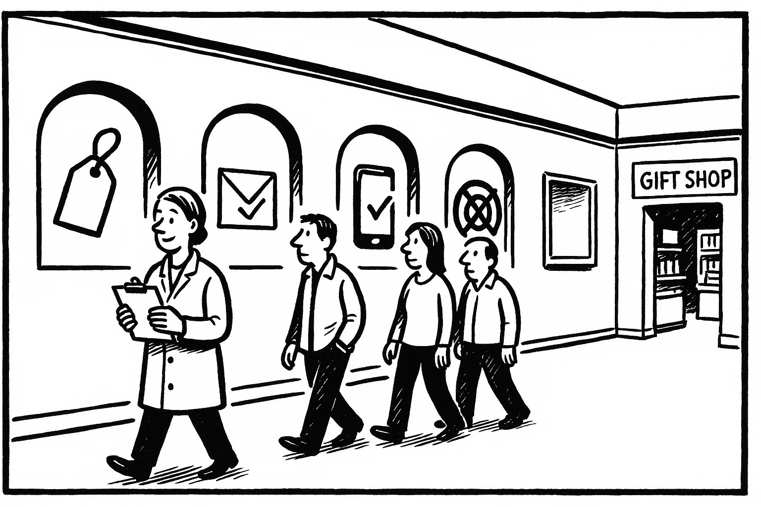 Cartoon of an auditor guiding two operators through four museum exhibits about vendor pricing, email, texting, and ad targeting.