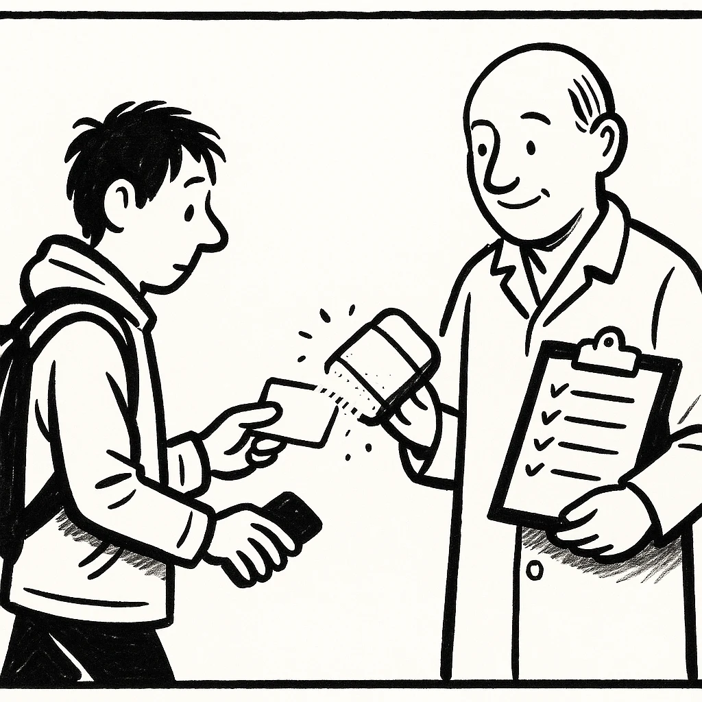Cartoon of a person returning a card that is being cheerfully erased blank.