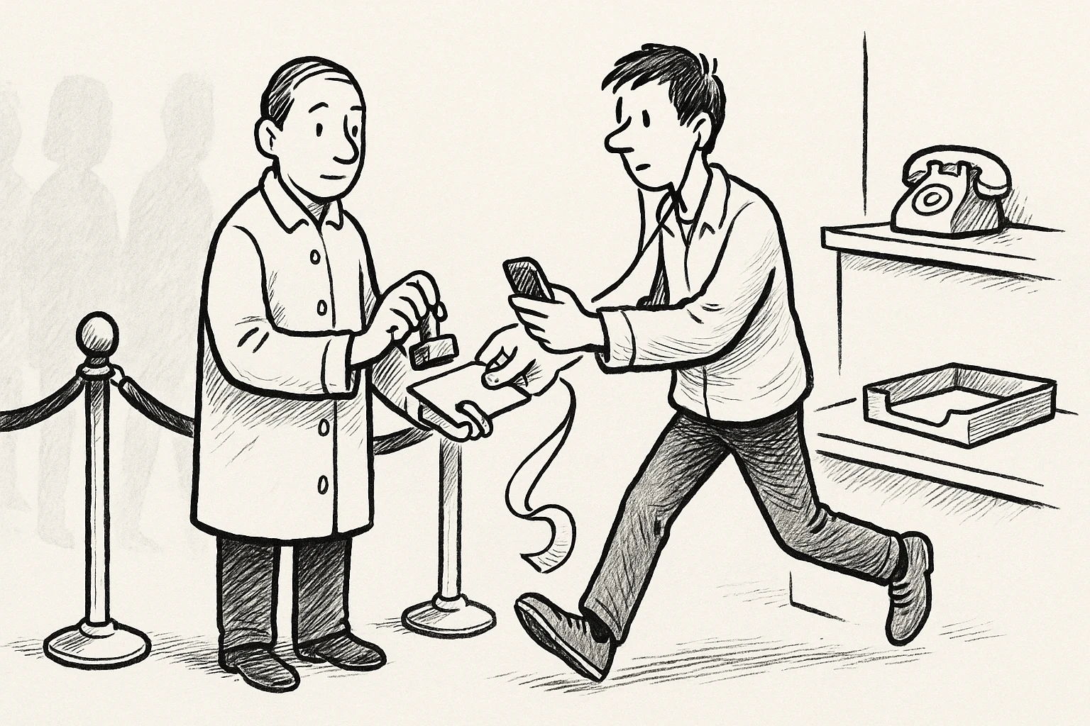 Cartoon of a calm auditor at a velvet rope stamping an index card for a visitor stepping through, while faint anonymous silhouettes wait behind and a tray of stamped cards sits on the right.