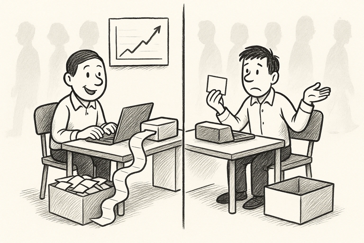 Cartoon of two campaign offices split by a wall, the same grey silhouettes of visitors walking past both. On the left a cheerful staffer's printer spools filled index cards into an overflowing file box under a rising wall chart. On the right an identical desk, a printer that has printed nothing, an empty box, and a glum staffer holding up one blank card and shrugging.