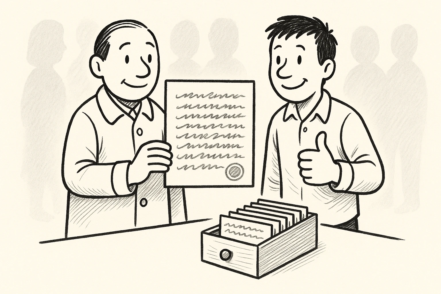 Cartoon of the calm auditor in his long coat holding up one index card with every ruled line filled in and a round stamp in the corner, while the young visitor beside him gives a thumbs-up and a drawer of identical filled cards sits on the counter. Faint grey silhouettes wait behind.