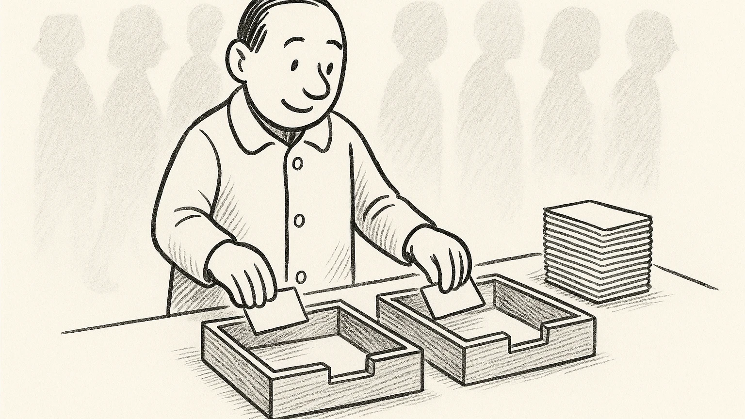 Cartoon of the auditor at a sorting table dropping one index card into each of two plain wooden trays at once, a tall stack of unsorted cards at his elbow, grey silhouettes filing past behind.