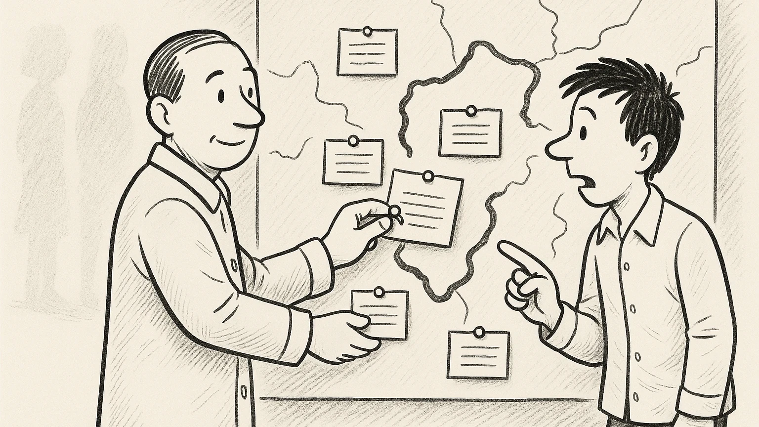 Cartoon of the auditor pinning an index card inside a heavily outlined region on a plain hand-drawn wall map, other cards pinned inside and outside the line, while the young visitor points at the card inside.