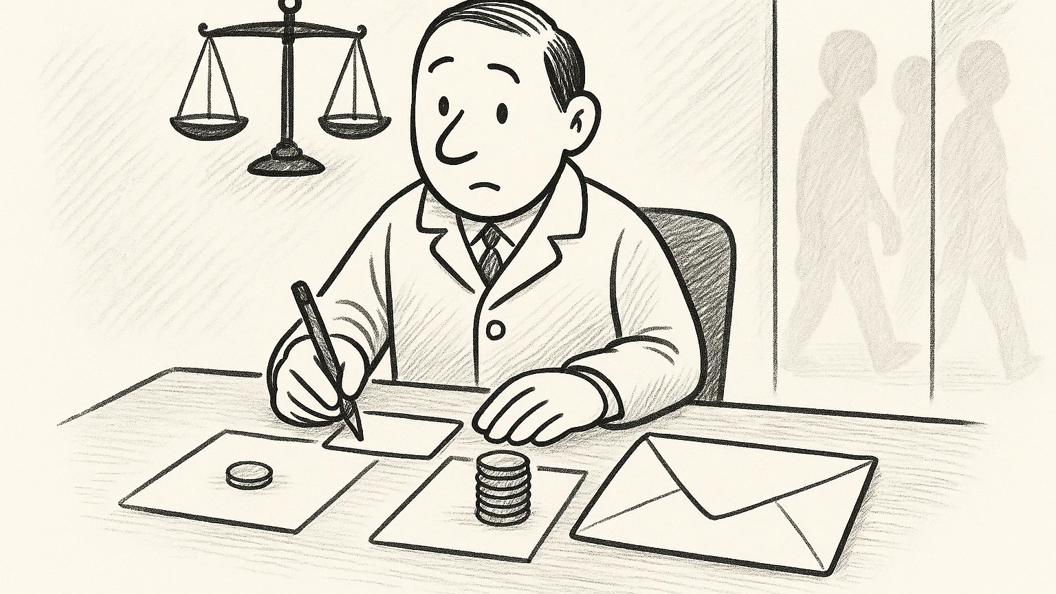 Cartoon of the auditor at a desk weighing two index cards, one with a single coin and one with a tall stack, writing on a small envelope while a large envelope waits, a balance scale on the wall behind him.