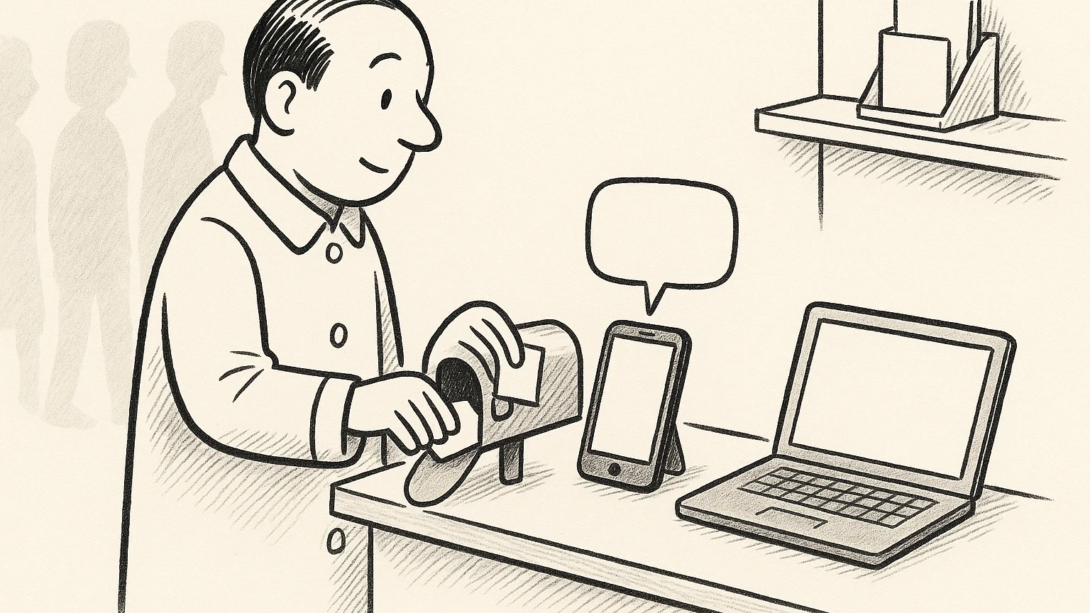 Cartoon of the auditor sliding an index card into a small mailbox on a counter, beside a small screen with an empty speech bubble and a laptop, having chosen the mailbox.