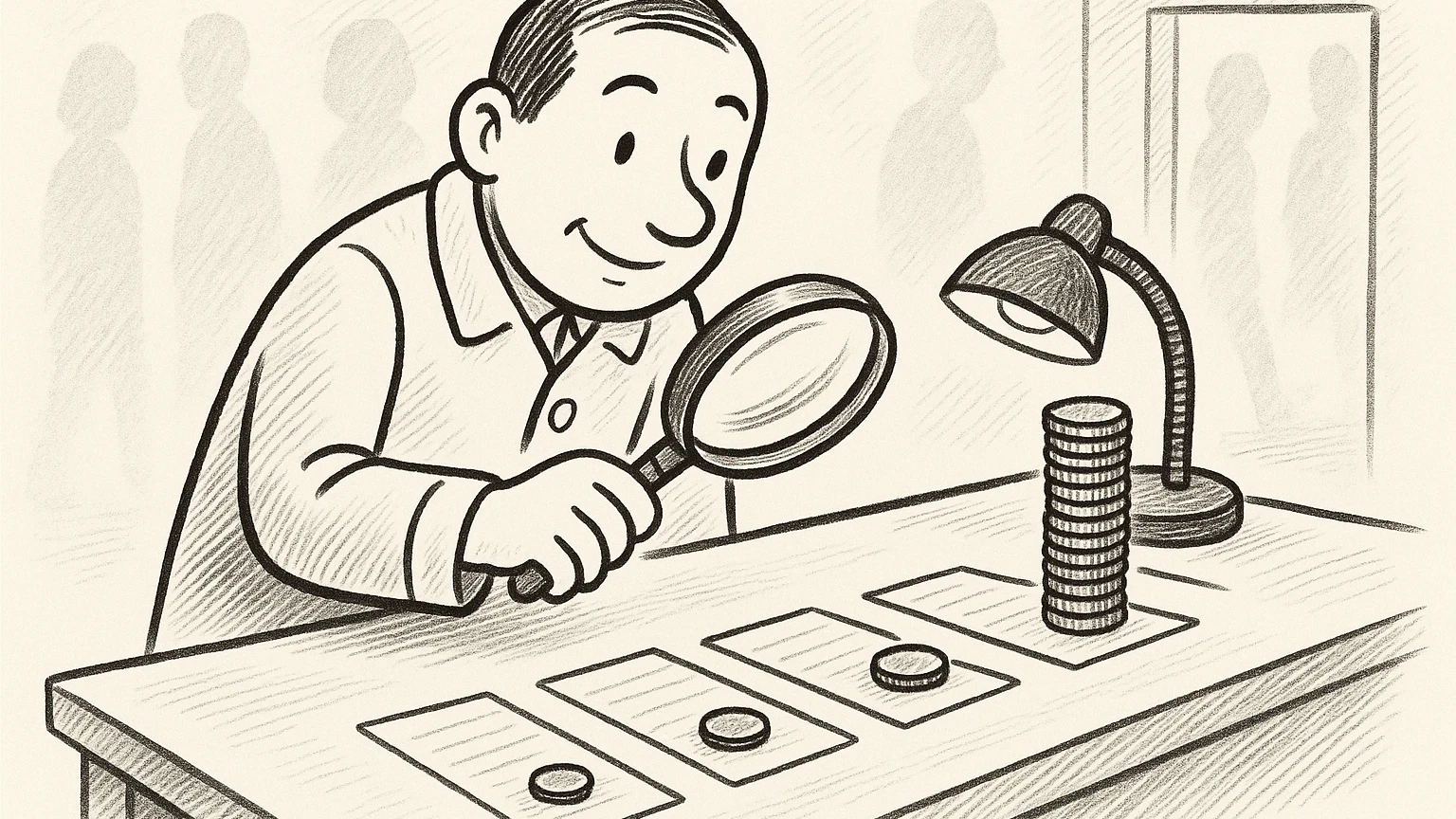 Cartoon of the auditor with a magnifying glass over a row of index cards under a desk lamp; each card has one coin beside it except the last, which has a very tall stack.