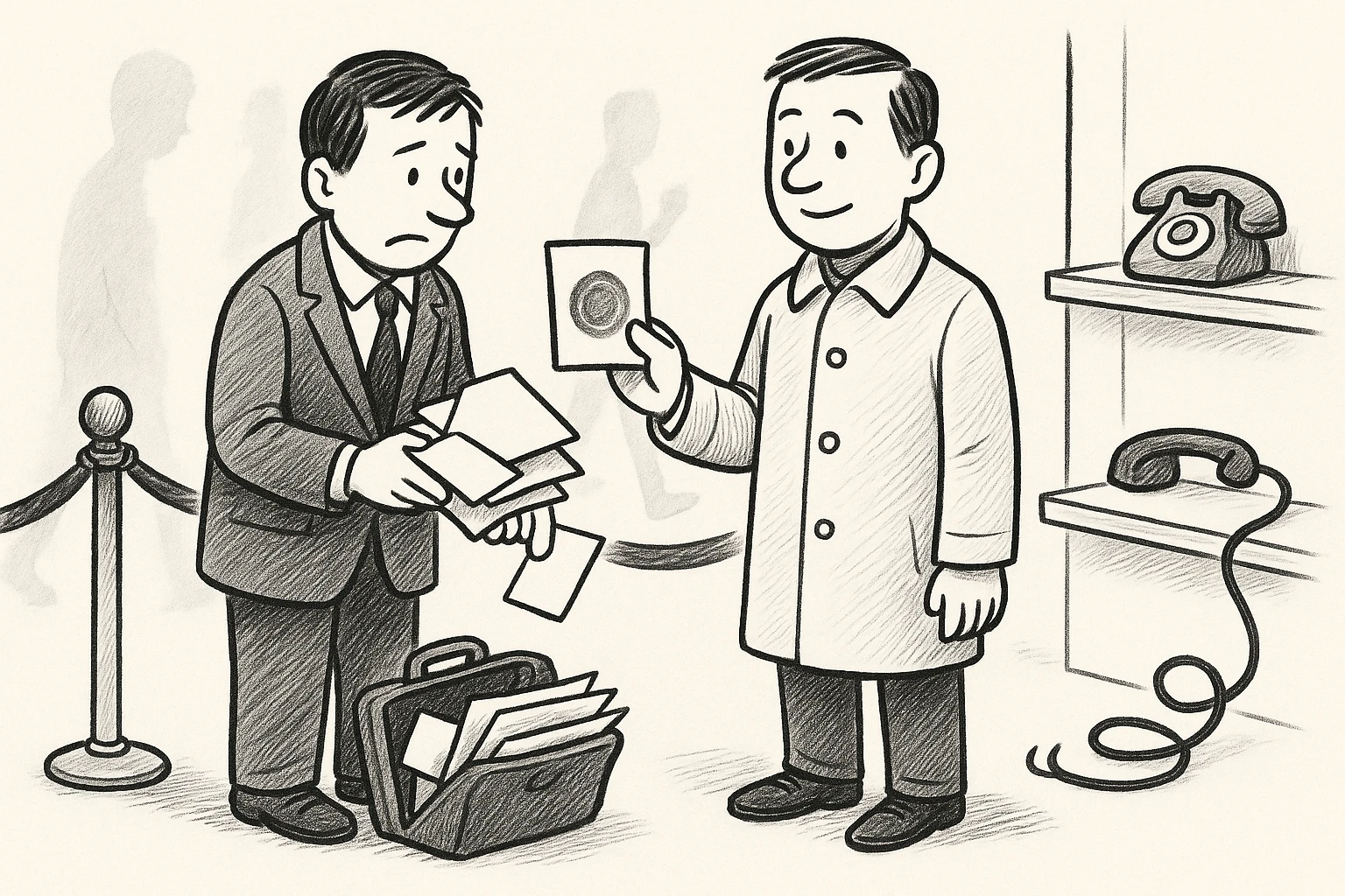 Cartoon of a process server with a stack of envelopes at a velvet rope, deflated, while the auditor calmly holds up a stamped consent card and a grey silhouette visitor walks through behind him.