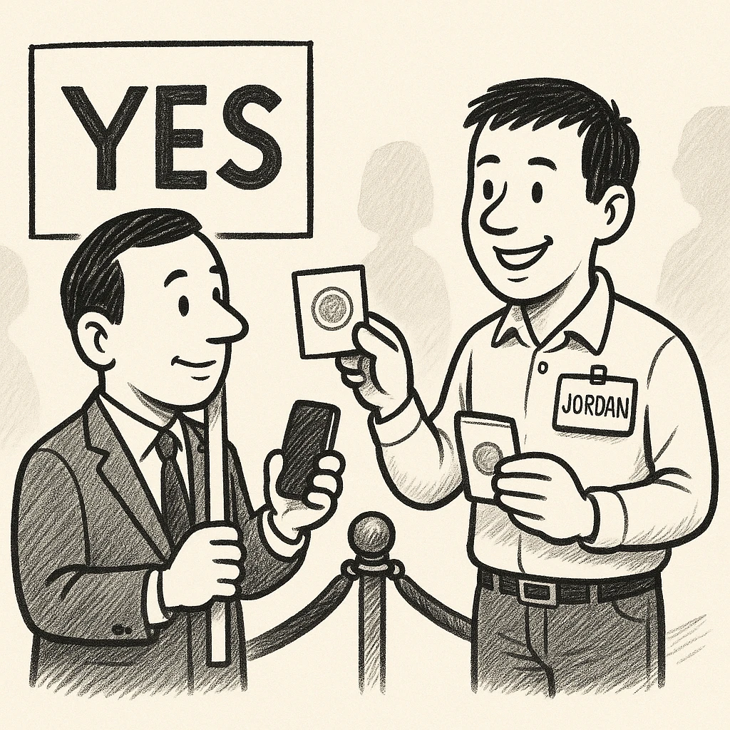 Cartoon of the politician holding up a YES placard while the visitor, now a fully drawn smiling young man with a name badge reading JORDAN, holds up a stamped consent card; the rope is open.