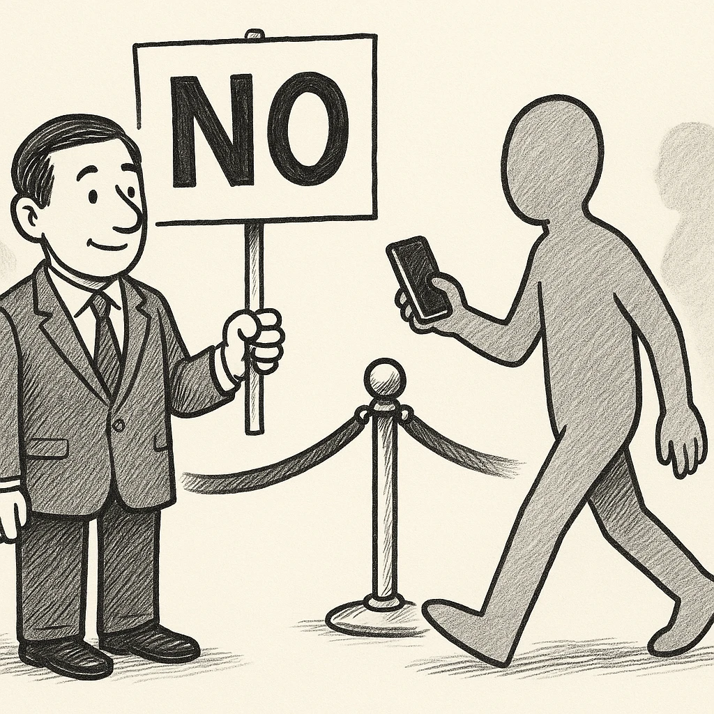 Cartoon of the politician holding up a NO placard with a polite nod while the visitor remains a featureless grey silhouette turning to walk on; the rope stays clipped.