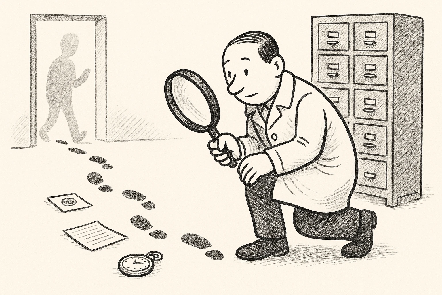 Cartoon of the auditor with a magnifying glass following a trail of footprints from a doorway, where a grey silhouette visitor steps in, past a stamped card, a ruled page and a pocket watch, to a tall card-catalog cabinet.