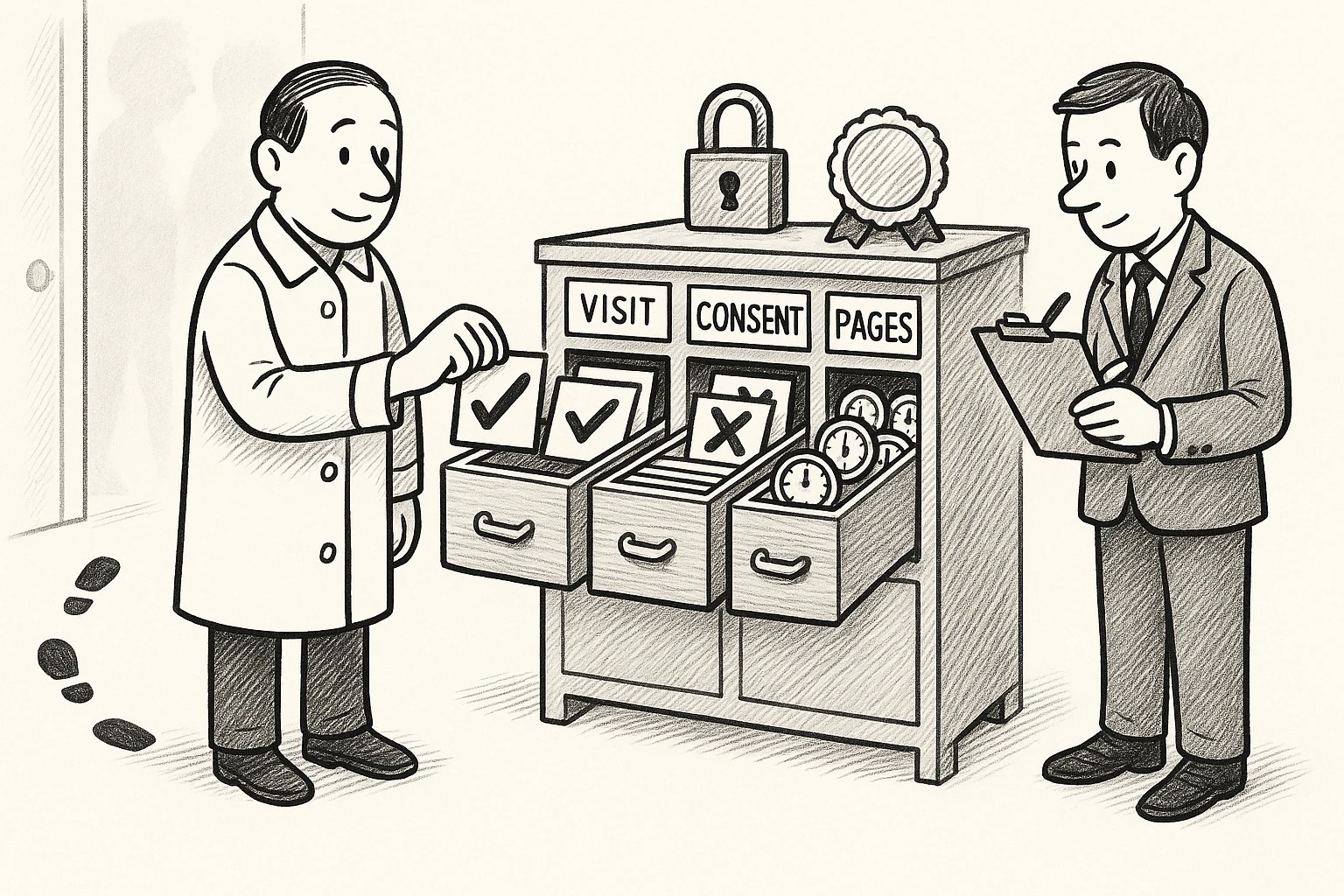 Infographic-style cartoon of an organized filing wall with four labeled drawers, VISIT, CONSENT, PAGES and TIME, each showing its cards; the auditor files a card while an inspector with a clipboard nods; a padlock and a round seal sit on top.