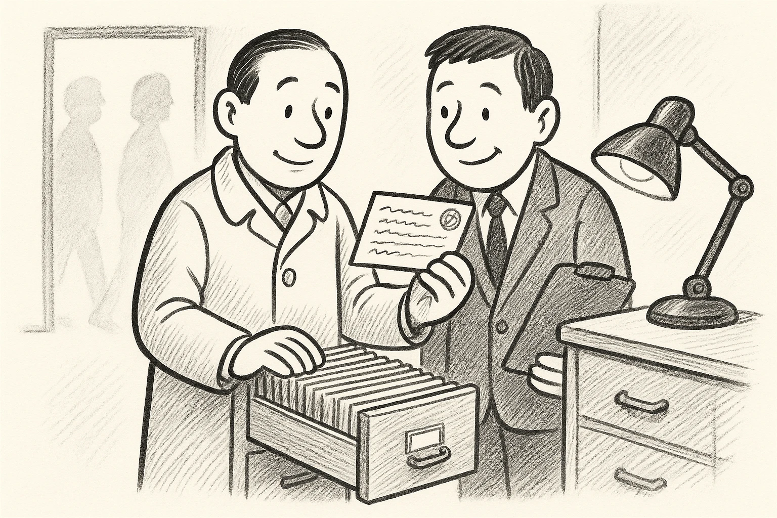 Cartoon of the auditor holding one stamped, filled-in index card up to a desk lamp while a man with a clipboard leans in, reassured; a card-catalog drawer stands open beside them.