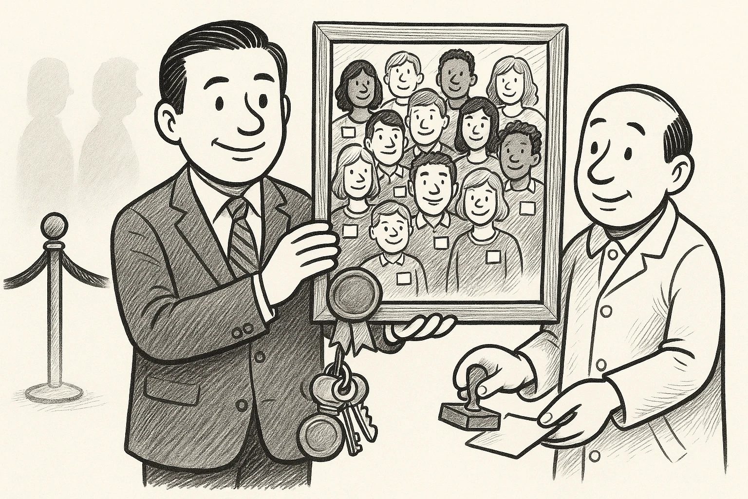 Cartoon of the politician holding up a large framed group portrait of smiling supporters with badges, a wax seal and a key ring on the frame, while the auditor stamps one more card to add; grey silhouettes wait at a rope behind.