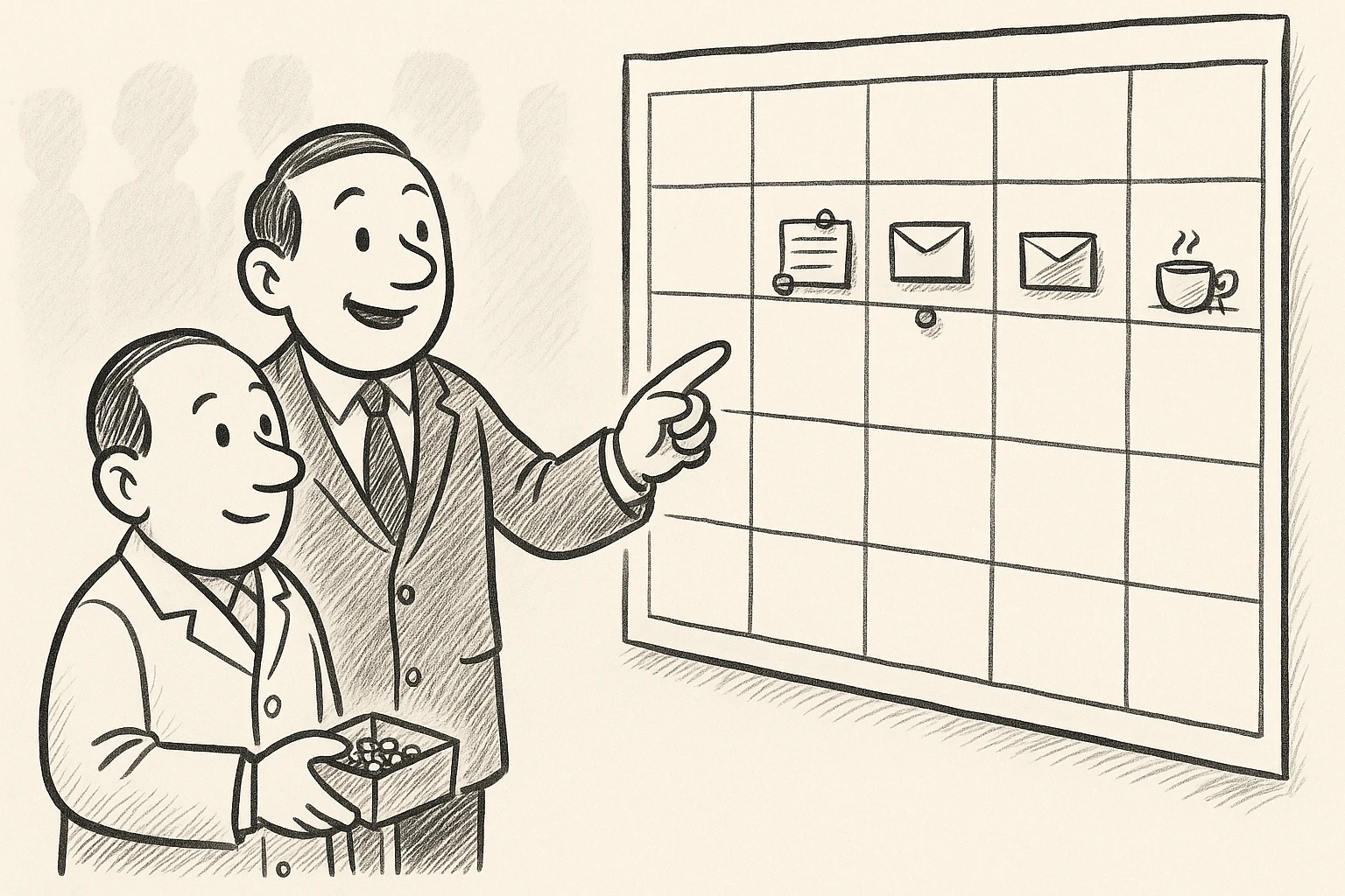 Cartoon of the politician and the auditor at a big blank wall calendar with a plug and a stamped card pinned to the first square, a stack of cards a few days in, an envelope a week in, and a coffee cup with two chairs on the last square.