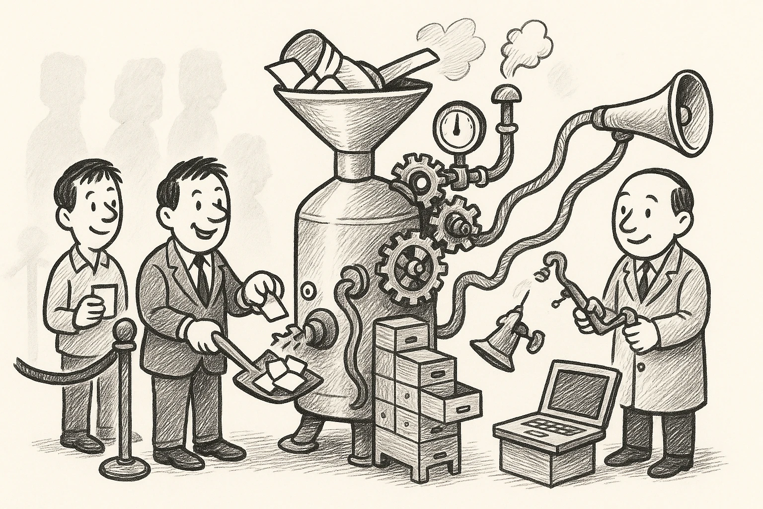 Cartoon of the politician shoveling stamped index cards into the hopper of a big boiler-shaped machine of gears and gauges while the auditor oils it with a long-spouted can; four hoses run out to a mailbox, a megaphone, a card catalog, and a laptop. Smiling visitors with cards wait at a rope.