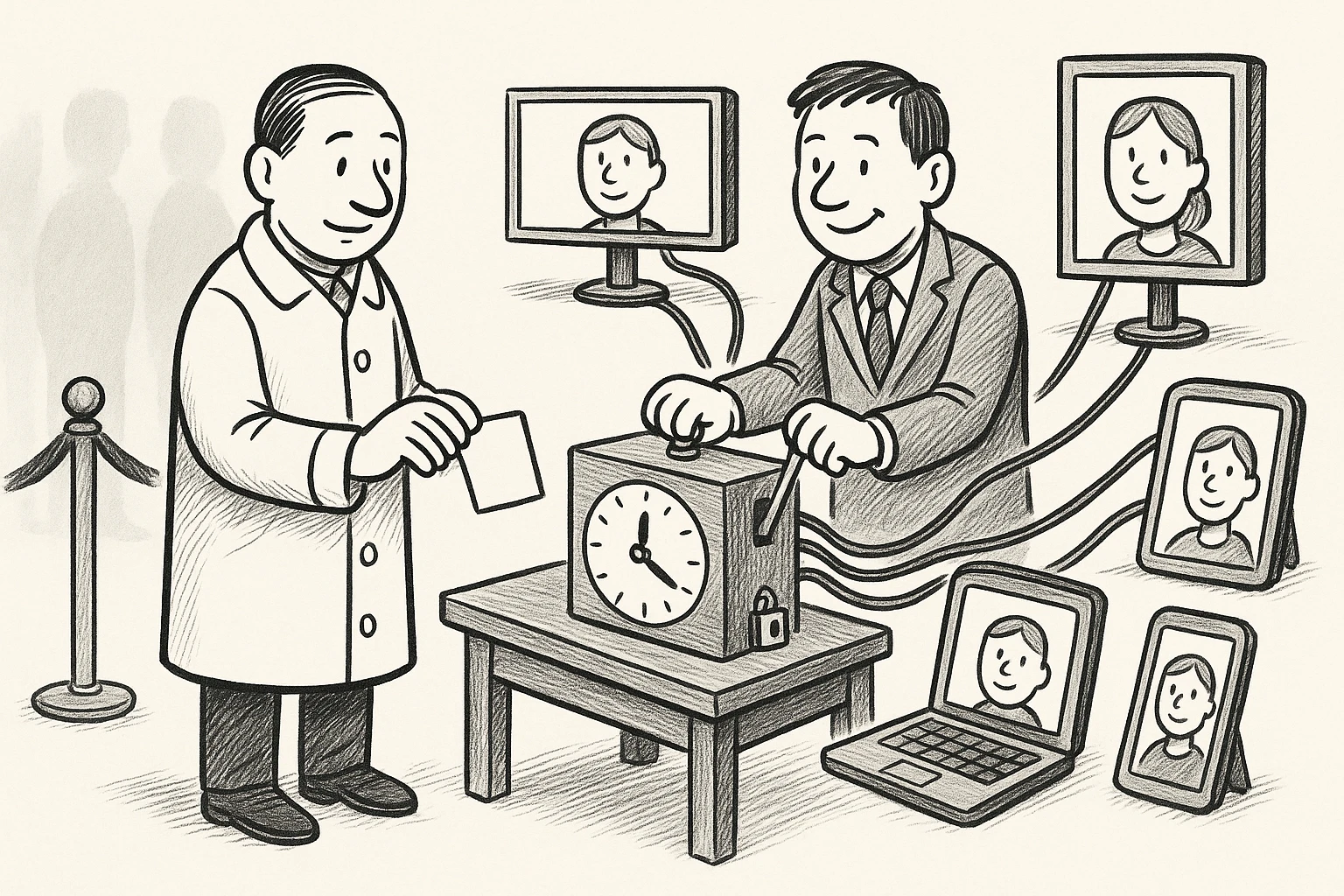 Cartoon of the auditor feeding stamped cards into a wooden sync box with a clock face and padlock while the politician turns its crank; five cables fan out to a billboard, a television, a laptop, a tablet and a tall display, each showing a face.