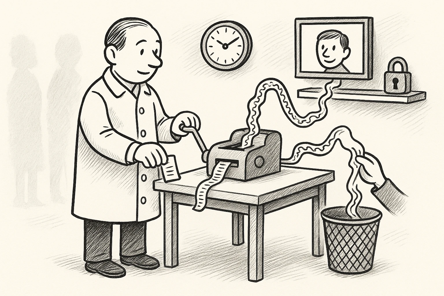 Cartoon of the auditor cranking a small hashing machine that turns stamped cards into strips of scrambled squiggle riding a cable toward a screen, while he lifts one strip back off the cable and drops it in a wastebasket.