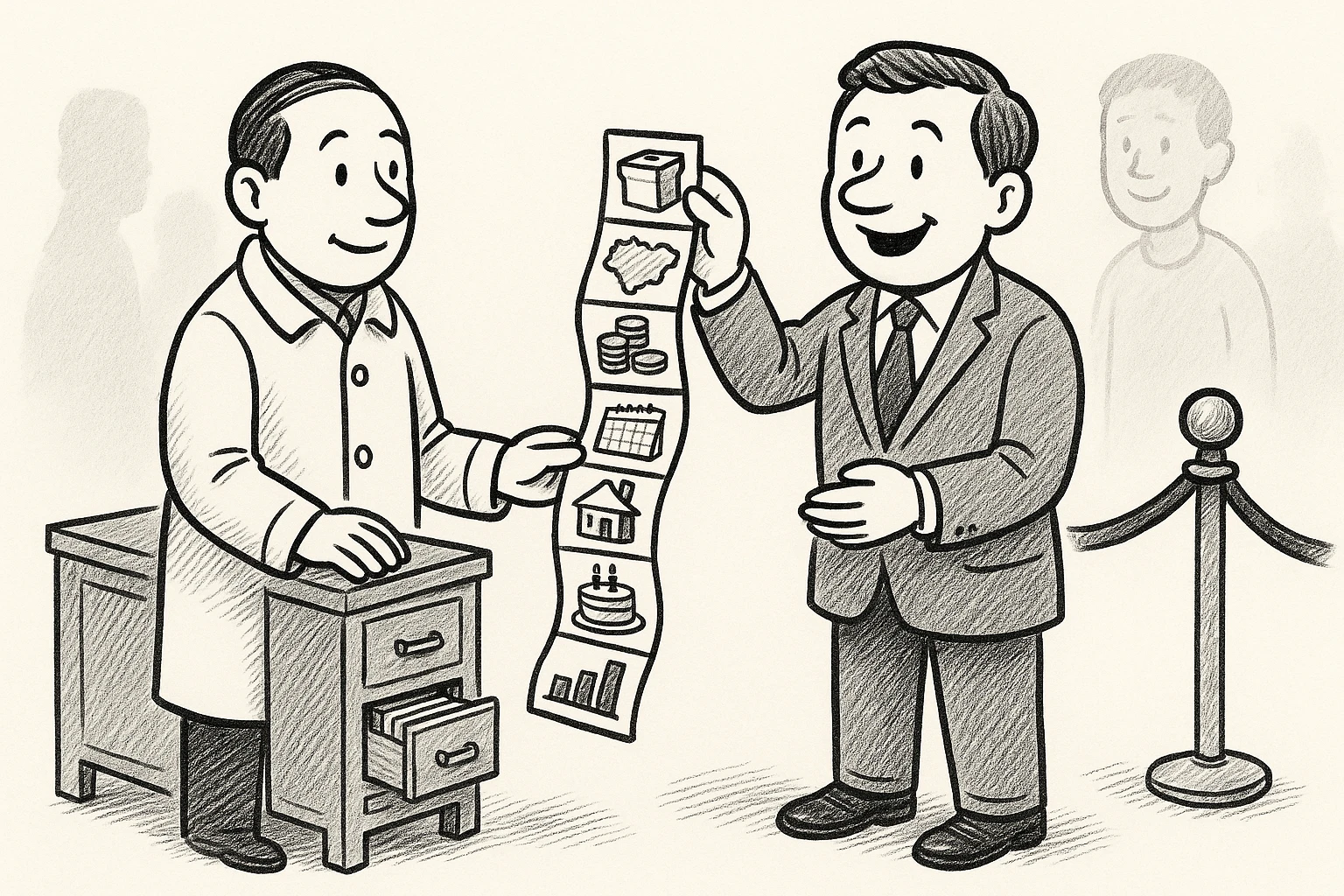 Cartoon of the auditor at a card catalog handing the politician an index card that unfolds like an accordion into seven panels: a ballot box, a district map, coins, a calendar, a house, a cake, a chart.