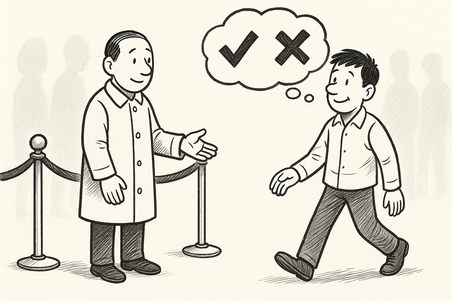 Cartoon of the auditor asking a visitor at a clipped velvet rope, the visitor pausing with a thought bubble holding a check mark and a cross, grey silhouettes waiting behind.