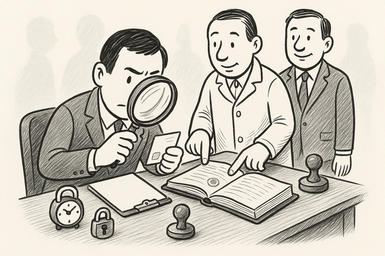 Cartoon of an inspector with a clipboard examining a stamped card through a magnifying glass while the auditor opens a bound ledger to the matching stamped entry; a clock, padlock and stamp on the desk.