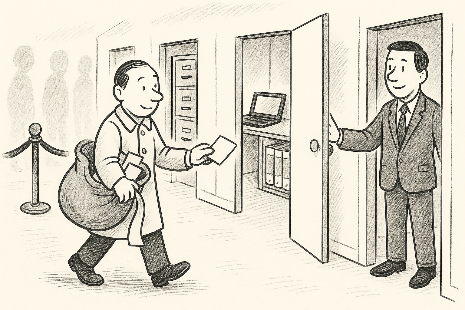 Cartoon of the auditor with a mail sack of stamped cards slotting one into each open door along a corridor: a filing cabinet, a laptop, a binder shelf, a card catalog; the politician holds the last door.