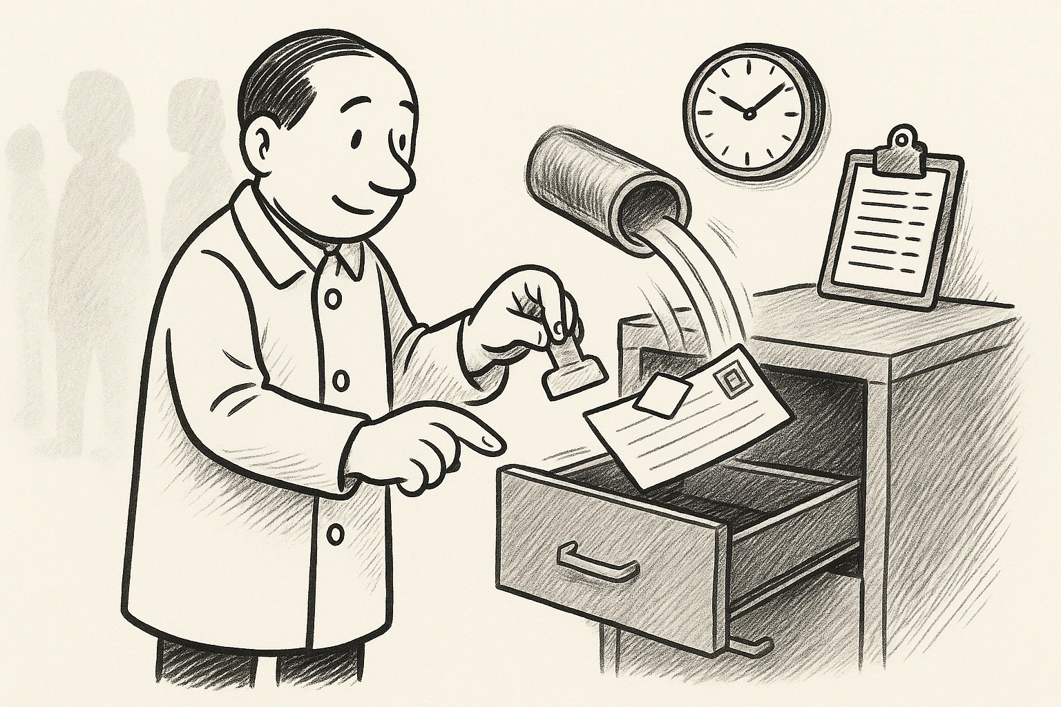 Cartoon of a stamped card arriving by pneumatic tube into a campaign office filing drawer as the auditor presses a paper tag onto it and a clipboard on the cabinet gains a line.