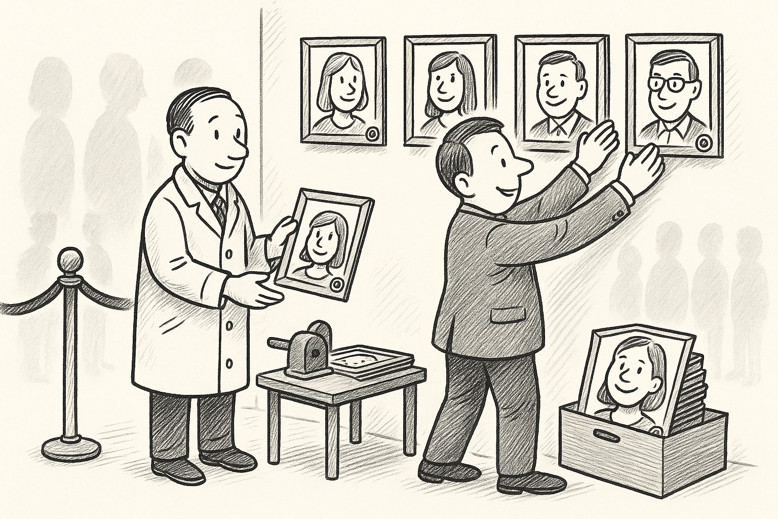 Cartoon of the politician hanging framed portraits of supporters on a gallery wall, each frame stamped, as the auditor hands him the next and a crank machine turns cards into frames; grey silhouettes stand unframed outside a rope.