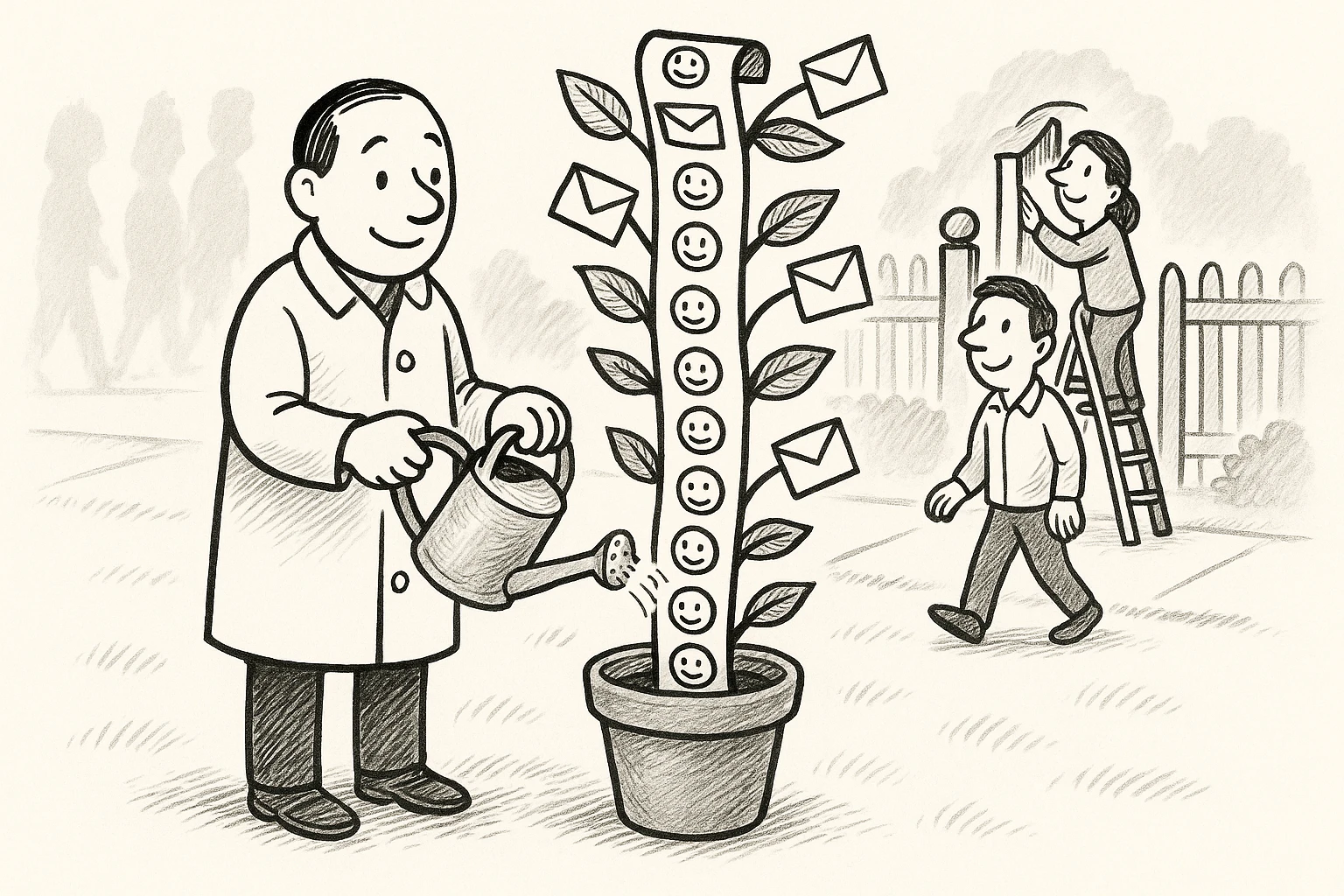 Cartoon of the politician watering a tall paper list that grows out of a flowerpot like a beanstalk, each line holding a small drawn face and envelopes sprouting like leaves; grey silhouettes pass a garden gate and the ones who step through become drawn people adding new lines.