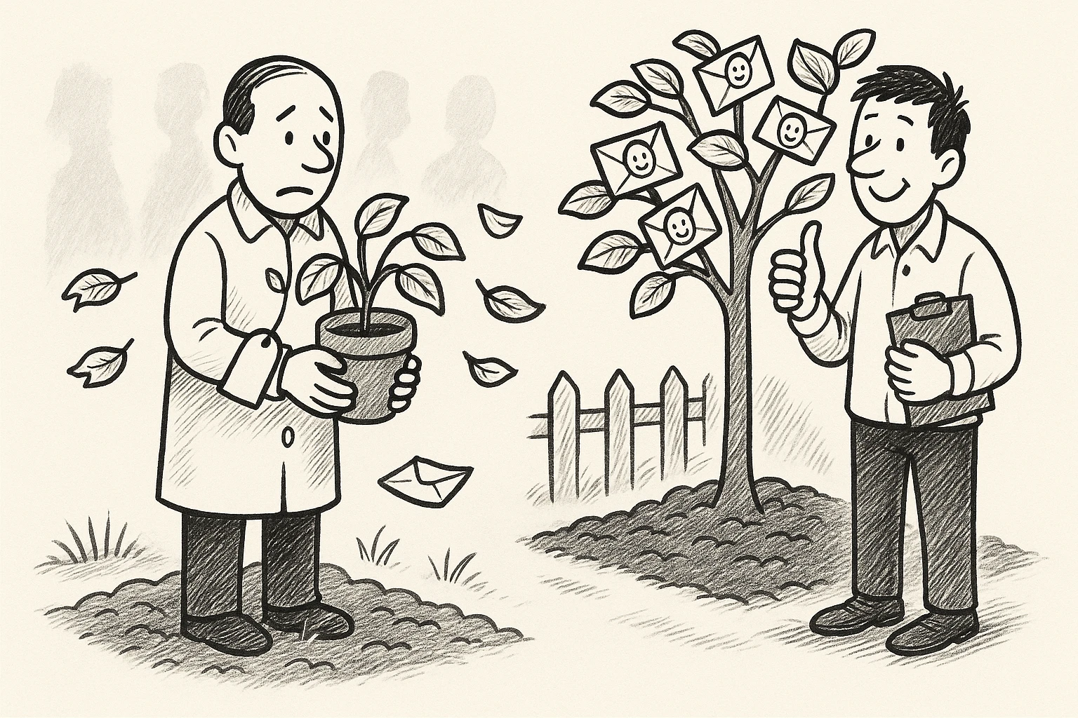 Cartoon of two garden plots: on the left the politician holds a wilting potted plant whose envelope leaves blow away as grey silhouettes drift off; on the right he tends a thriving tree whose envelope leaves each carry a small smiling face while the auditor gives a thumbs up.
