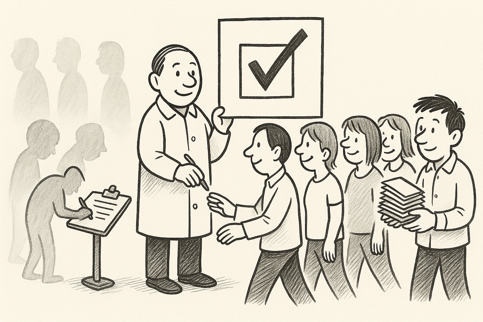 Cartoon of grey silhouettes filing past a clipboard form where only one has stopped to write, while the politician holds up a signboard with one checked box and a queue of drawn people tap it as the auditor stacks the cards.