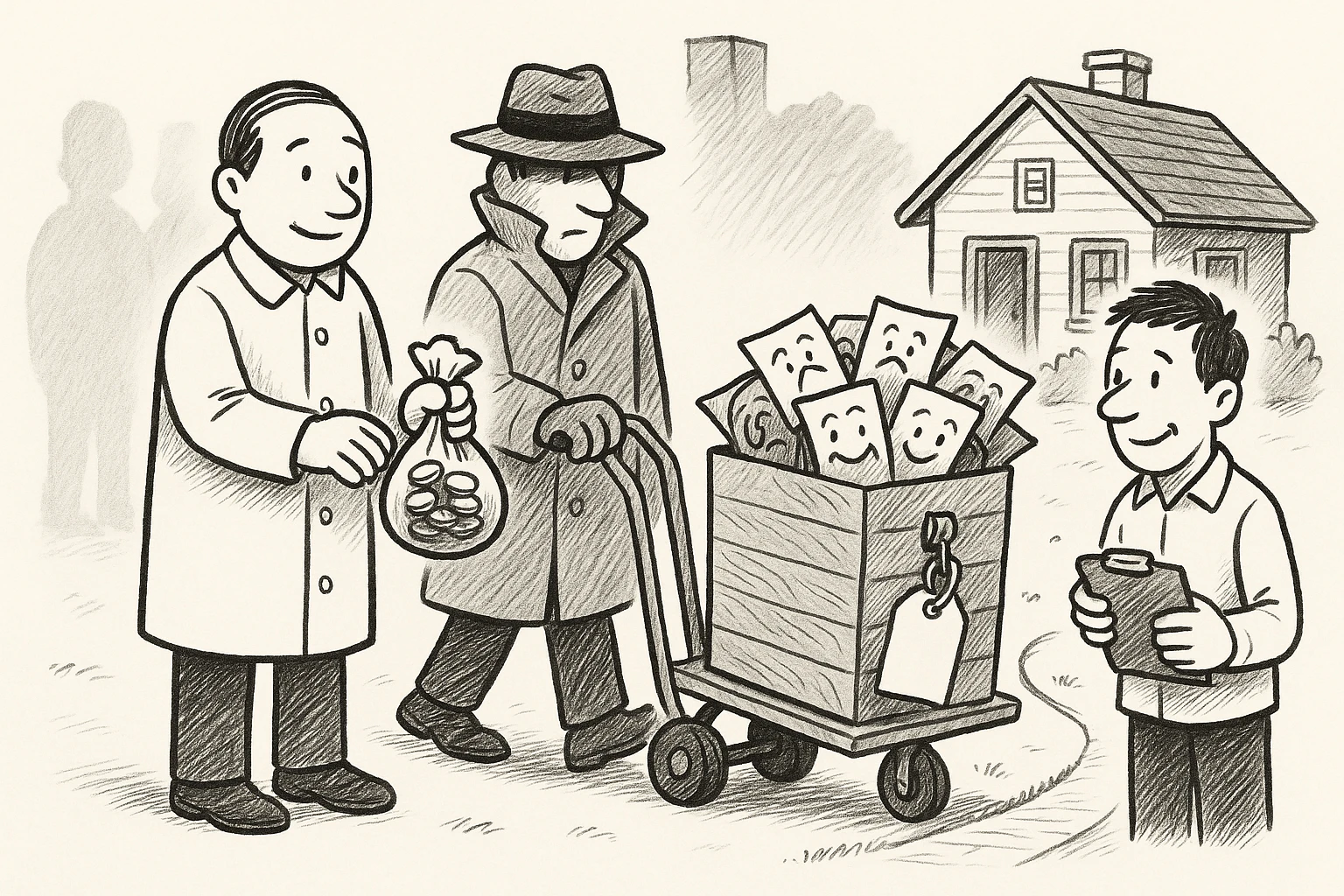 Cartoon of the politician paying a trench-coated broker for a padlocked crate of drooping grey envelopes, beside his own house whose mailbox overflows with fresh envelopes bearing small smiling faces as the auditor nods.