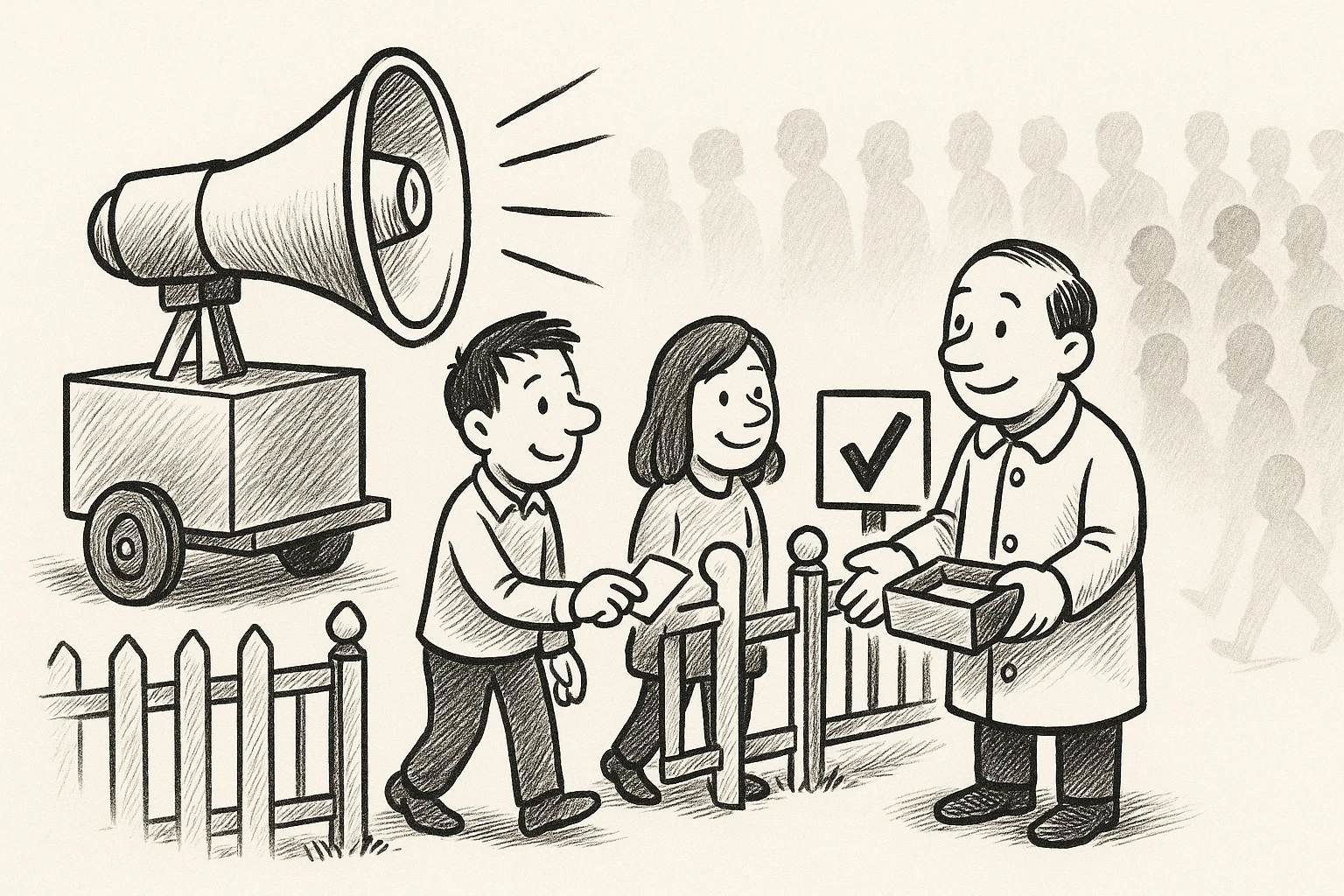 Cartoon of a megaphone billboard blasting at a crowd of grey silhouettes who stream past a garden gate and fade out, while the politician at the gate collects cards from the few drawn people who tap the check-mark sign.