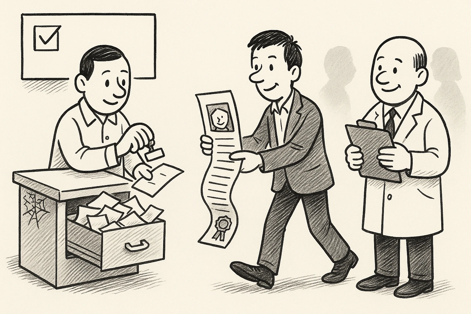 Cartoon of a clerk stamping consent slips into a dusty overflowing drawer, beside the politician unfolding the same slip into a tall record card with a face, ribbon, and address lines and handing it to the smiling auditor.