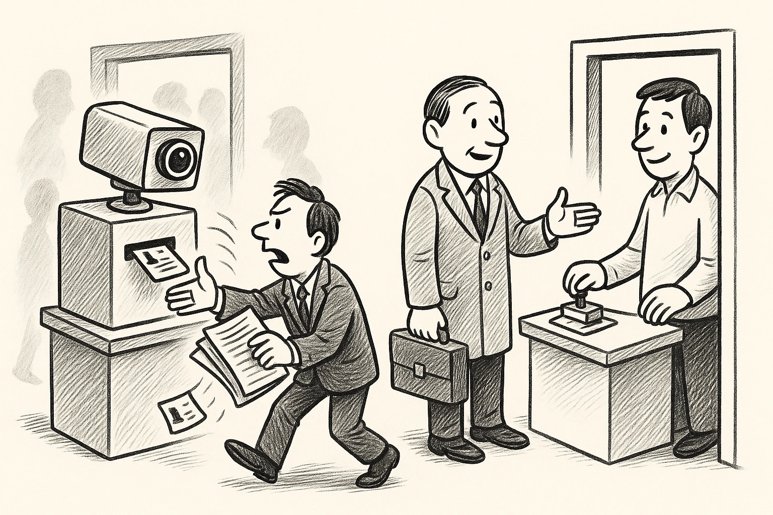 Cartoon of a camera-eyed machine photographing grey silhouettes the moment they step through a doorway while a worried lawyer waves papers, beside the politician at an identical door asking first as a drawn person nods and the auditor stamps one card.