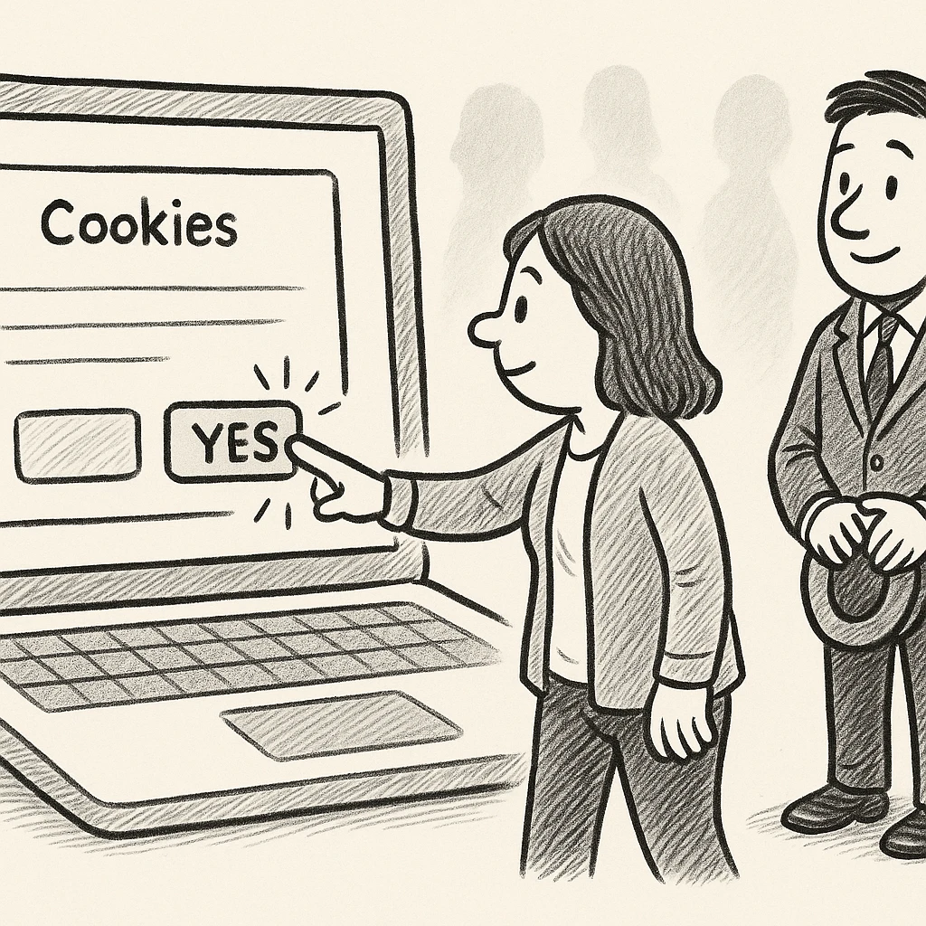 A visitor steps out of a faceless crowd and presses the Yes button on a cookie banner while the candidate watches