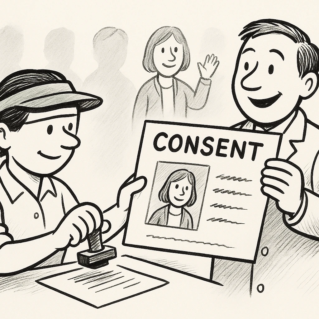 The auditor stamps Consent on a record card carrying the visitor's portrait as the candidate holds it up