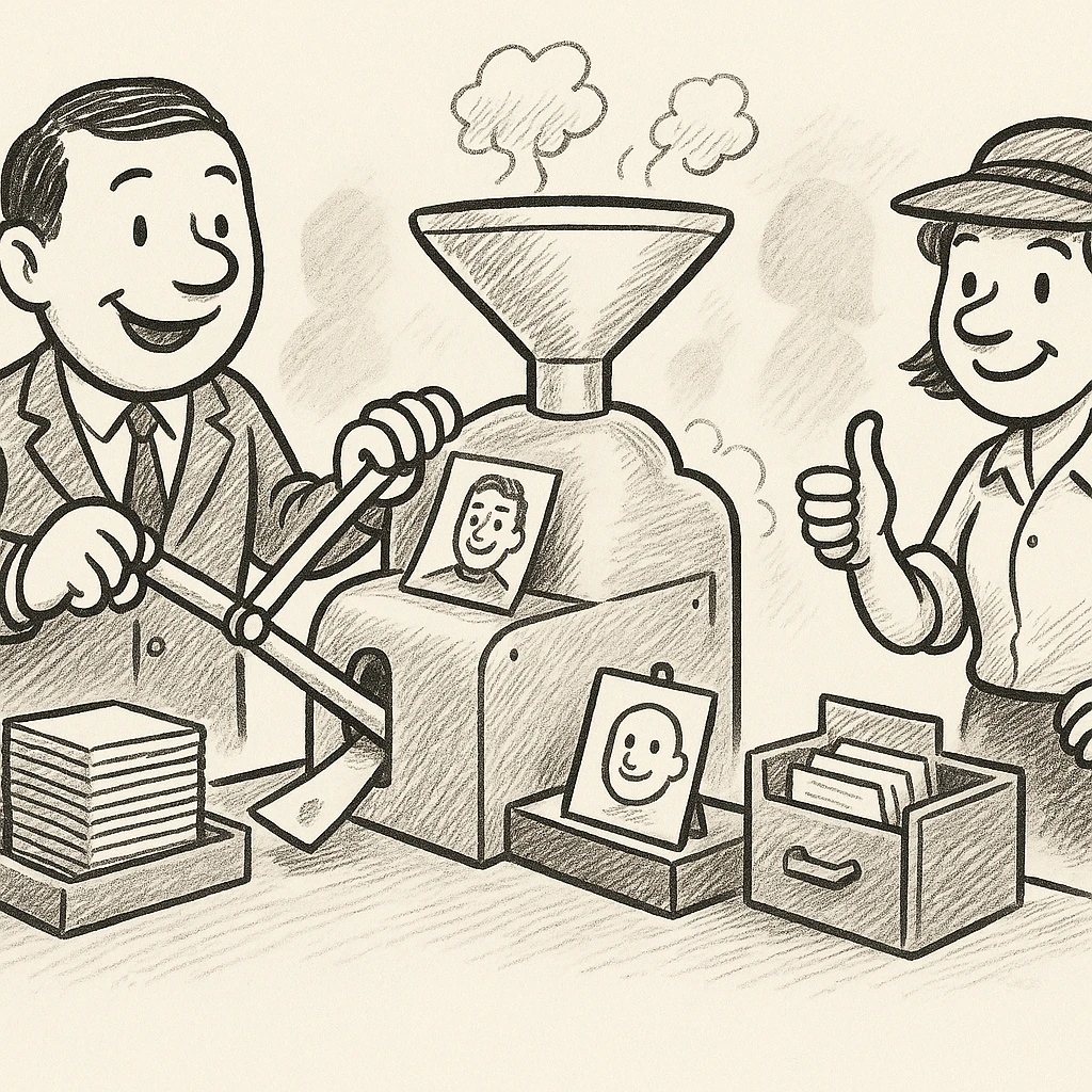 The candidate pulls the lever on a machine that delivers envelopes, an ad sign, and a filing card