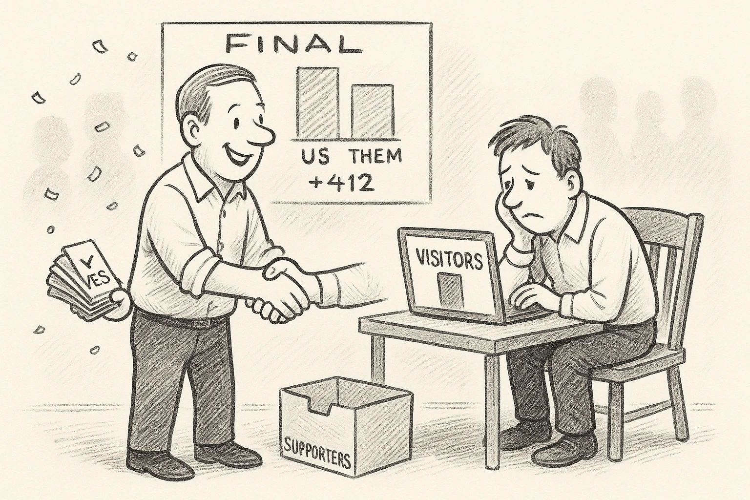 Cartoon of an election-night campaign office: a wall board marked FINAL shows two nearly equal bars, US barely ahead by 412; on the left the winning manager holds a stack of YES cards and shakes a volunteer's hand under drifting confetti; on the right the losing manager slumps before a laptop showing one huge VISITORS bar beside an empty box marked SUPPORTERS.